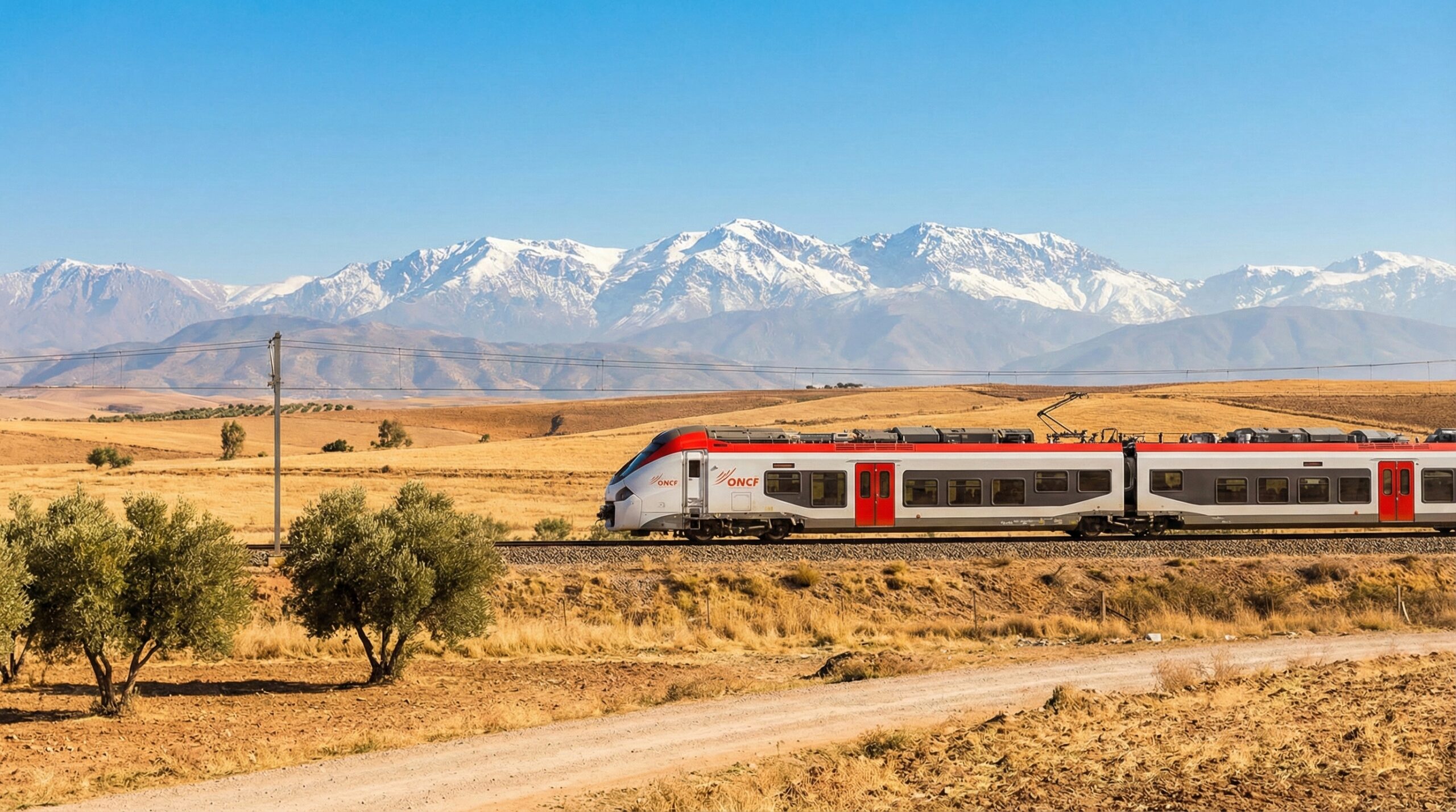 ONCF train on Casablanca to Marrakech route with scenic Atlas views
