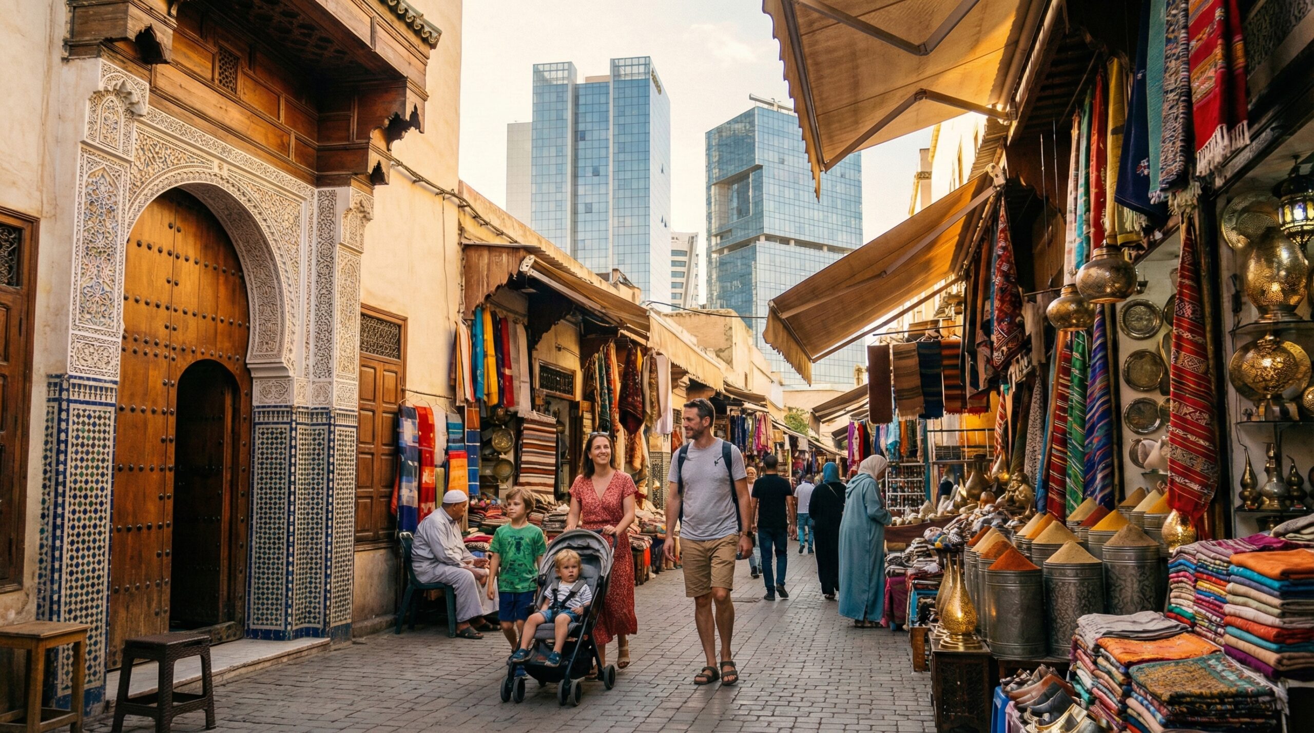 Expat family exploring Moroccan market in Casablanca, representing expat life in Morocco