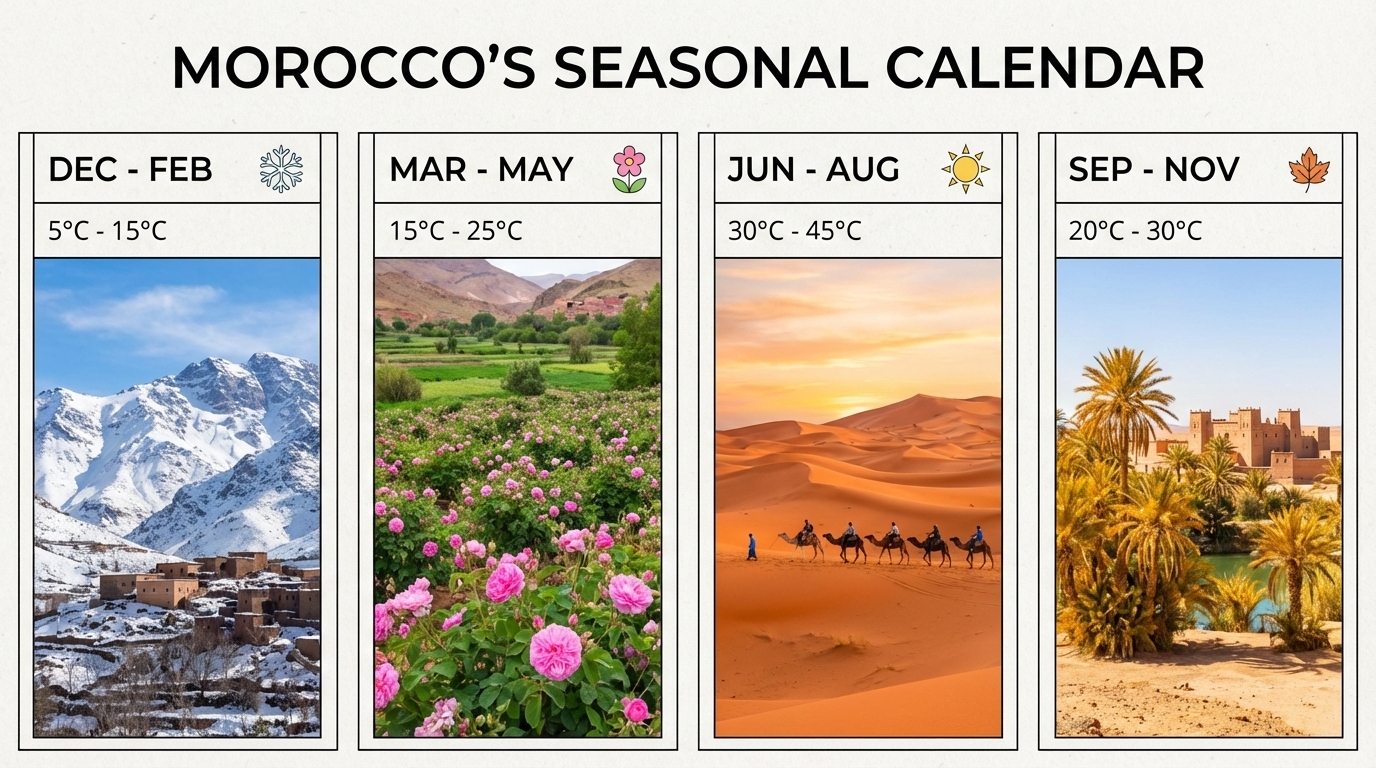 Seasonal collage of Morocco showing weather and landscapes by month
