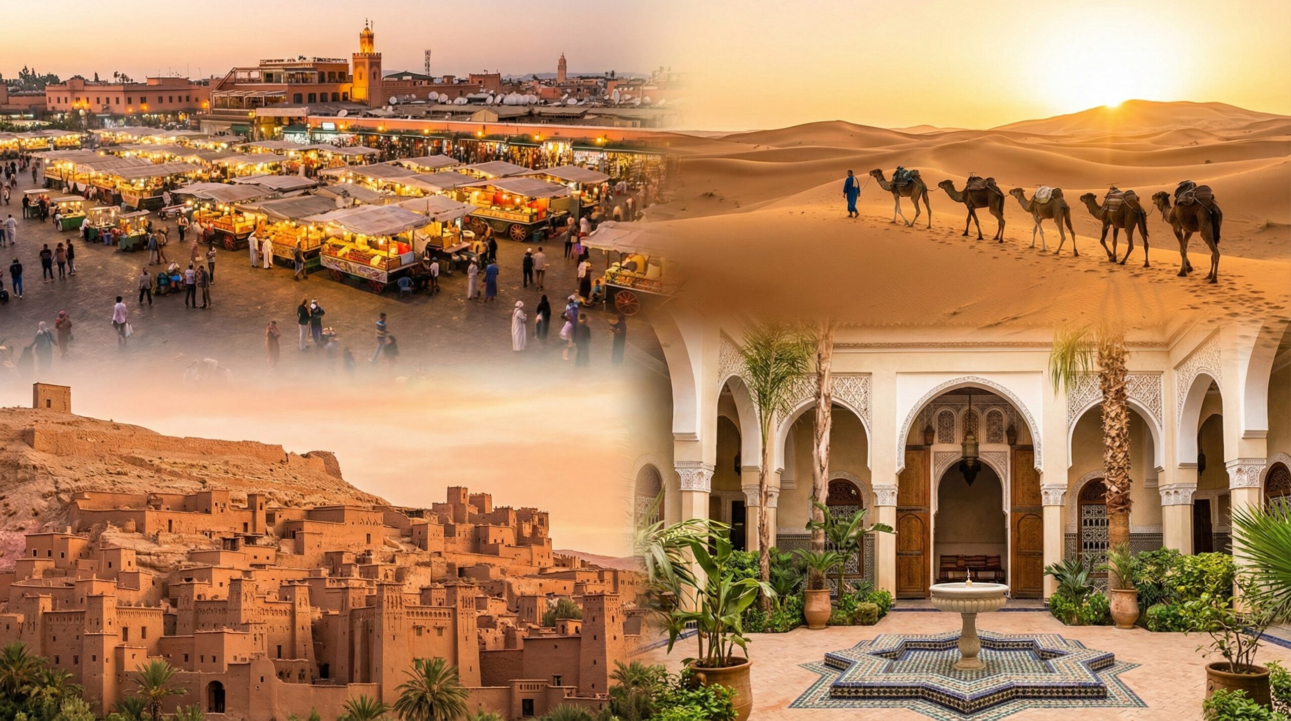 Collage of top Morocco travel highlights including Marrakech square, Sahara dunes, and kasbah for first-time visitors