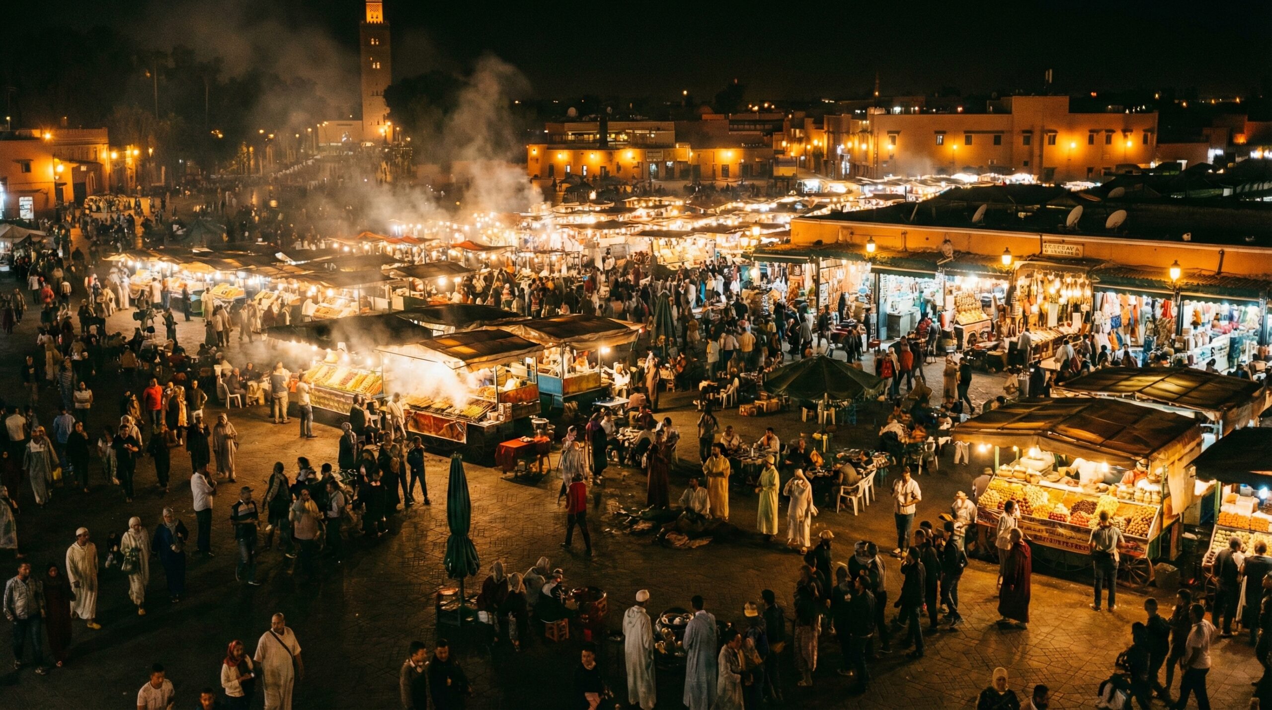Jemaa el-Fnaa square at night in Marrakech, showing food stalls and crowds
