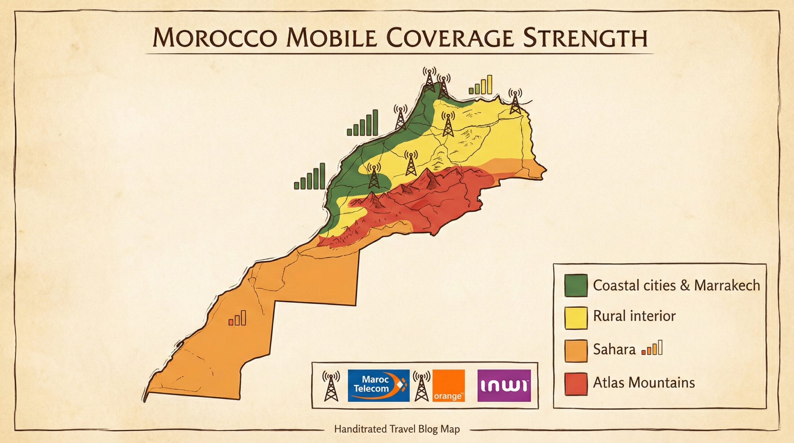 Map of mobile network coverage in Morocco by region: cities, rural, desert, mountains