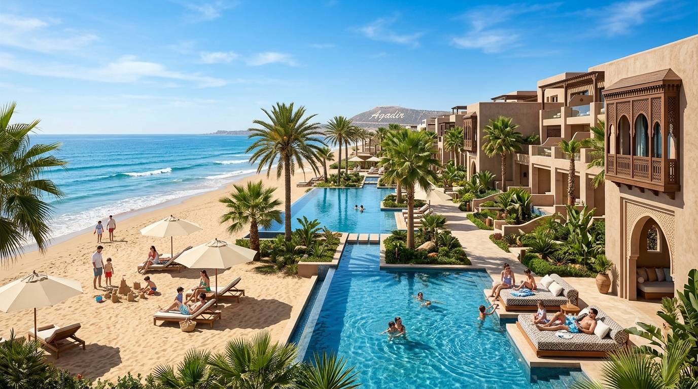 Family-friendly beachfront resort in Agadir with swimming pools, palm trees, and views of the Atlantic Ocean