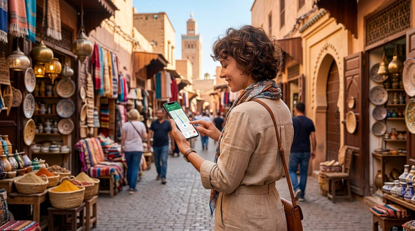 Traveler using an Airalo eSIM on a smartphone while exploring Marrakech with mobile data and navigation active
