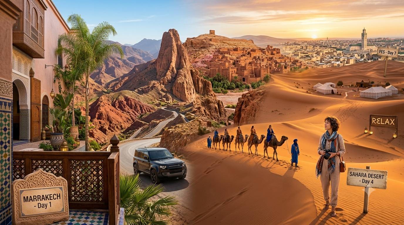 Travelers exploring Morocco on a 7-day journey from Marrakech through the Sahara Desert to the historic city of Fes