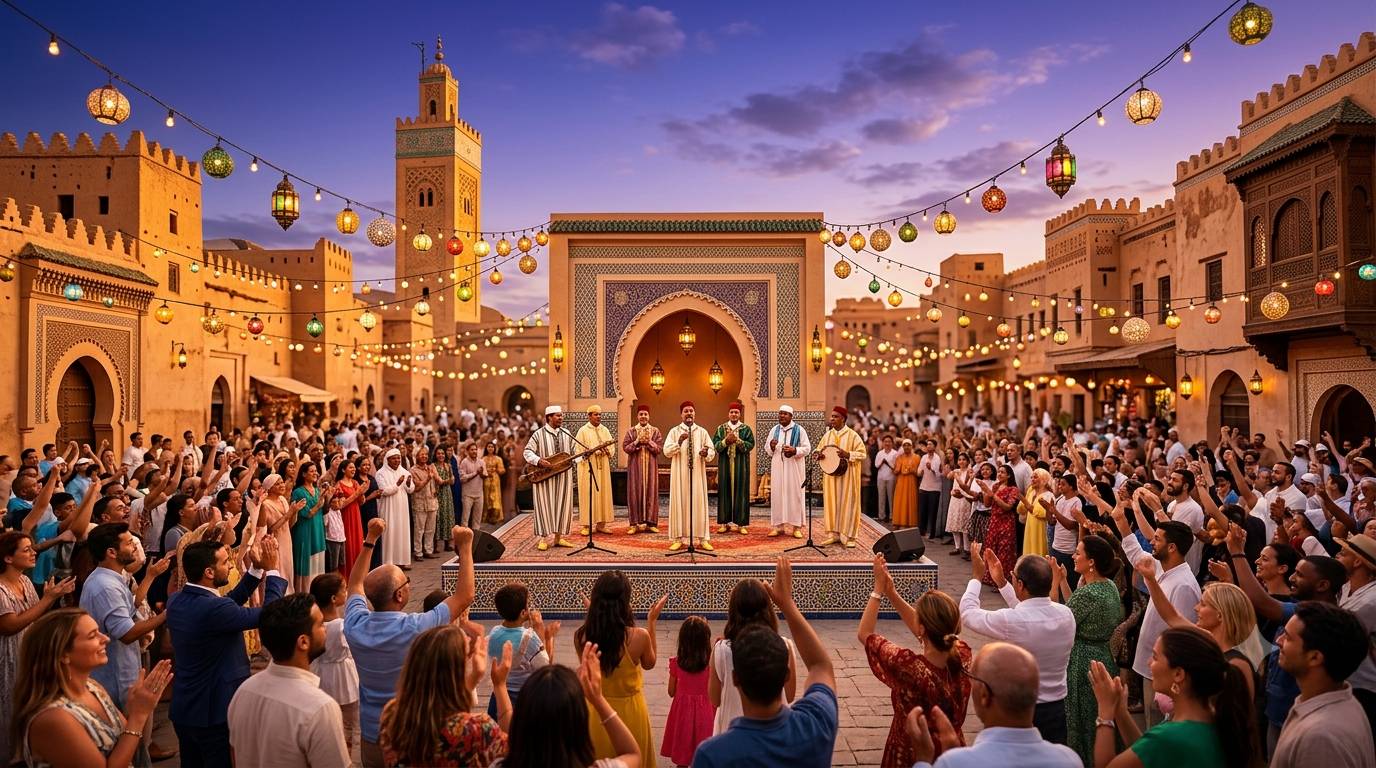 Visitors enjoying a colorful summer festival in Morocco featuring live music, cultural performances, and festive decorations