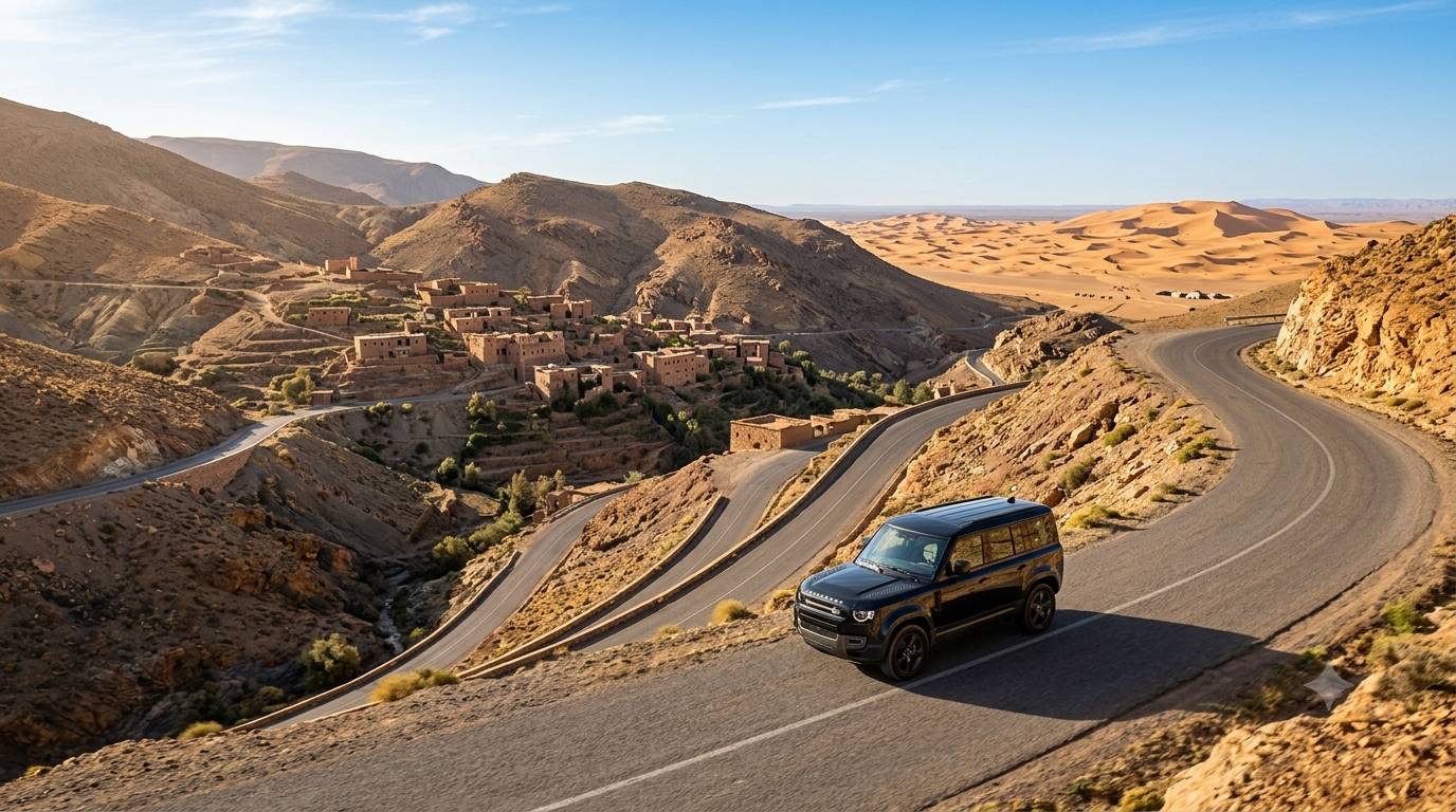 Scenic road trip from Marrakech to Merzouga through the Atlas Mountains and Sahara Desert landscapes
